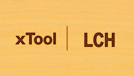 An image that represents a laser etching wood. It would be nice to have both the xTool logo and the LCH logo. Include an image of a laser etching both logos. This is good, just update the xTool side.