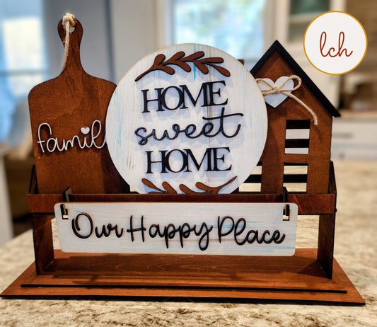 Wooden wagon insert with Home Sweet Home sign and Our Happy Place plaque for home decor