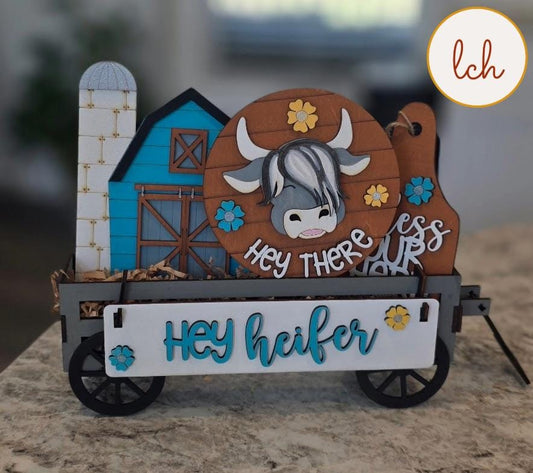 Hey Heifer Hey Highland Cow Insert – Wooden, Laser Cut, Hand-Painted – Fits Interchangeable Shelf Sitters – Insert Only