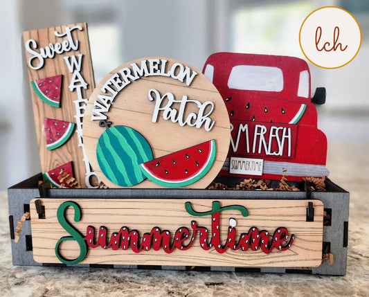 Handcrafted watermelon home accent wooden summer decor set with watermelon patch and summertime sign