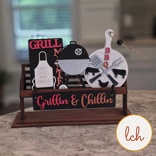 Grill Master BBQ Wagon Insert, Summer Shelf Sitter, Hand Painted, Choose Red or Silver Grill (insert only)