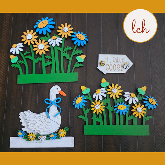 Hi Silly Goose Spring Floral Insert – Hand‑Painted Wooden Laser Cut Seasonal Trunk & Crate Piece