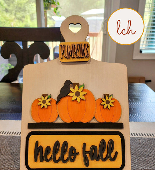 Hand-Painted Hello Fall Pumpkin, Wooden Laser-Cut Interchangeable Breadboard Insert - Insert Only