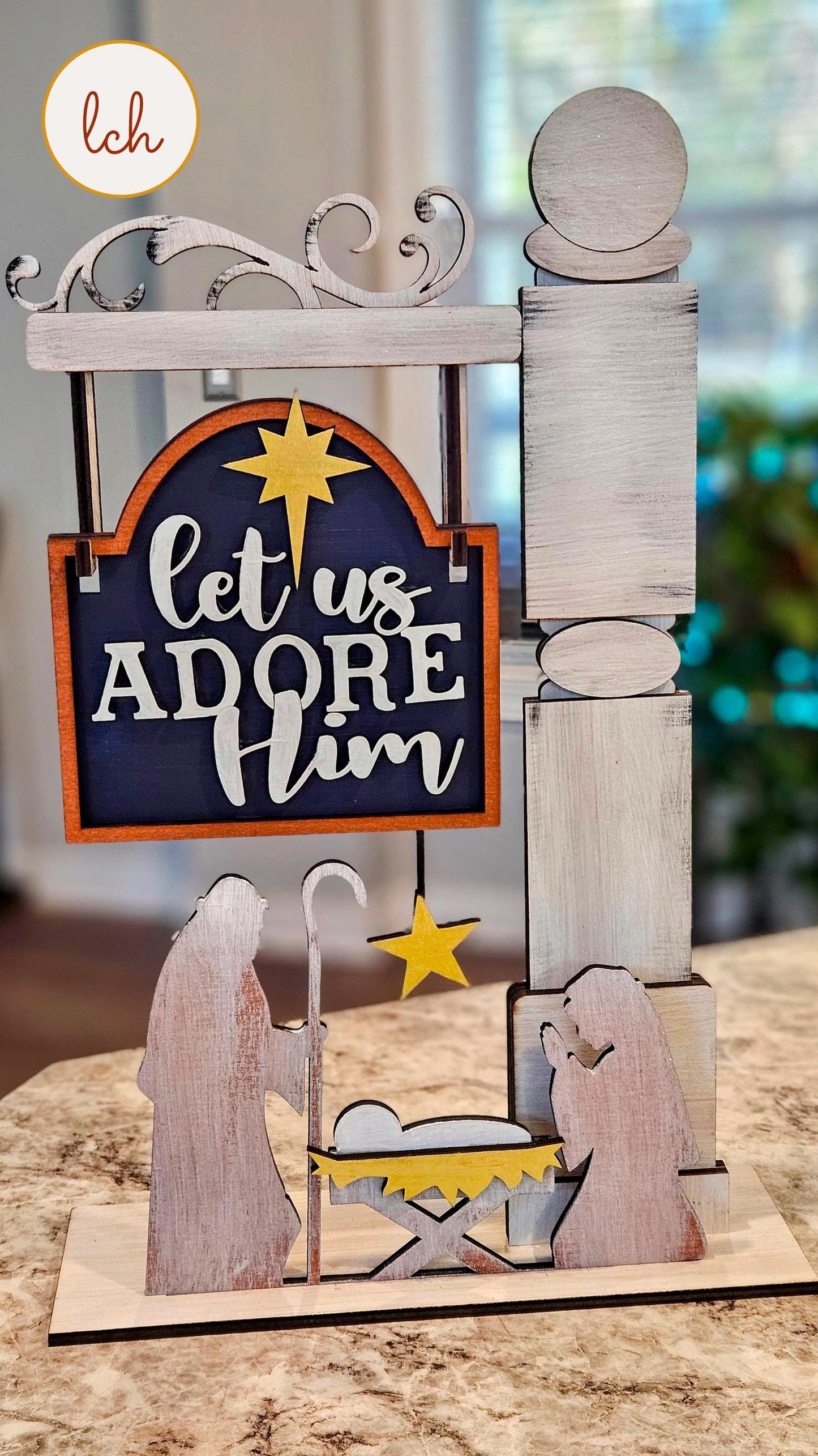 Let Us Adore Him Christmas Manger Wooden Laser Cut Hand Painted Mini Signpost Door Insert (Insert Only)