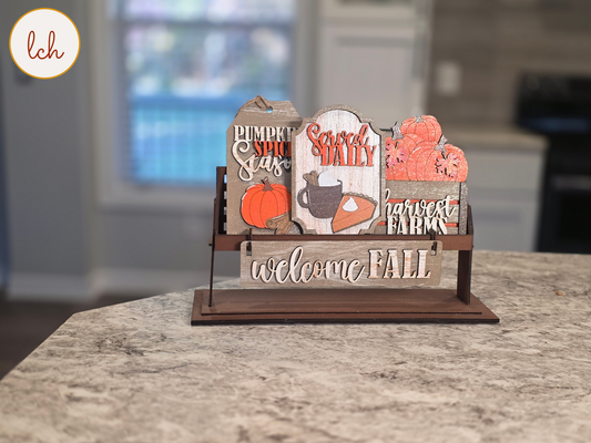 Welcome Fall Pumpkin Spice Wagon & Raised Shelf Sitter Wooden Insert, Hand-Painted Seasonal Décor (insert only)