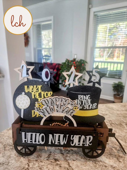 Hello New Year Wooden Laser Cut Hand Painted Interchangeable Shelf Sitter Insert - Festive Home Decor (Inserts Only)