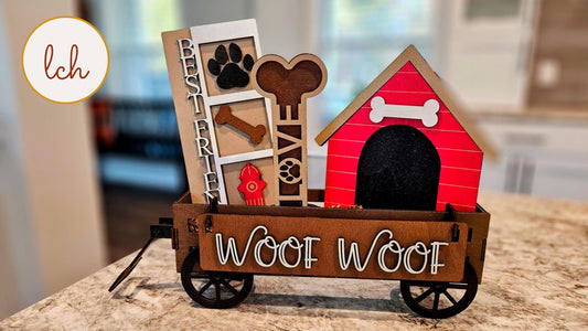 Customizable Woof Woof Dog Themed Wooden Laser Cut Hand Painted Interchangeable Shelf Sitter Insert - Inserts Only