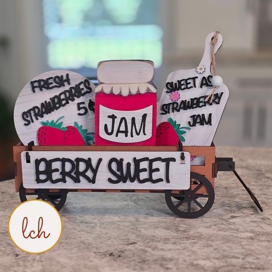 Berry Sweet Strawberry Summer Wagon Insert, Hand Painted Shelf Sitter Decor, Tiered Tray Sign (insert only)