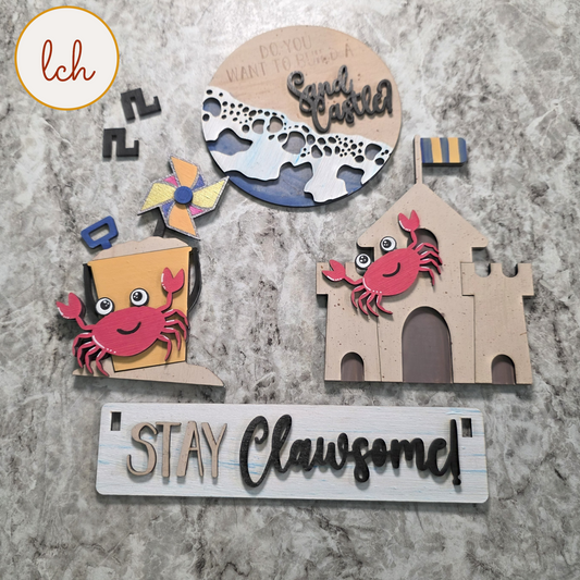 Crab Wagon Insert, "Stay Clawsome!" Hand Painted Sign, Beach Shelf Sitter Decor, Summer Tiered Tray (insert only)