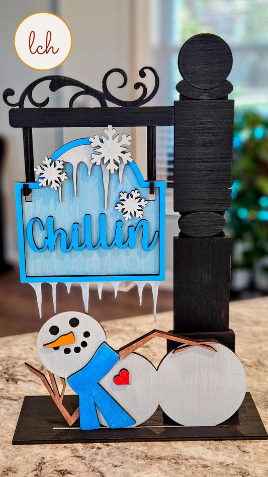 Snowman Chillin' Winter Wooden Laser Cut Hand Painted Mini Interchangeable Signpost Door Insert (Insert Only)
