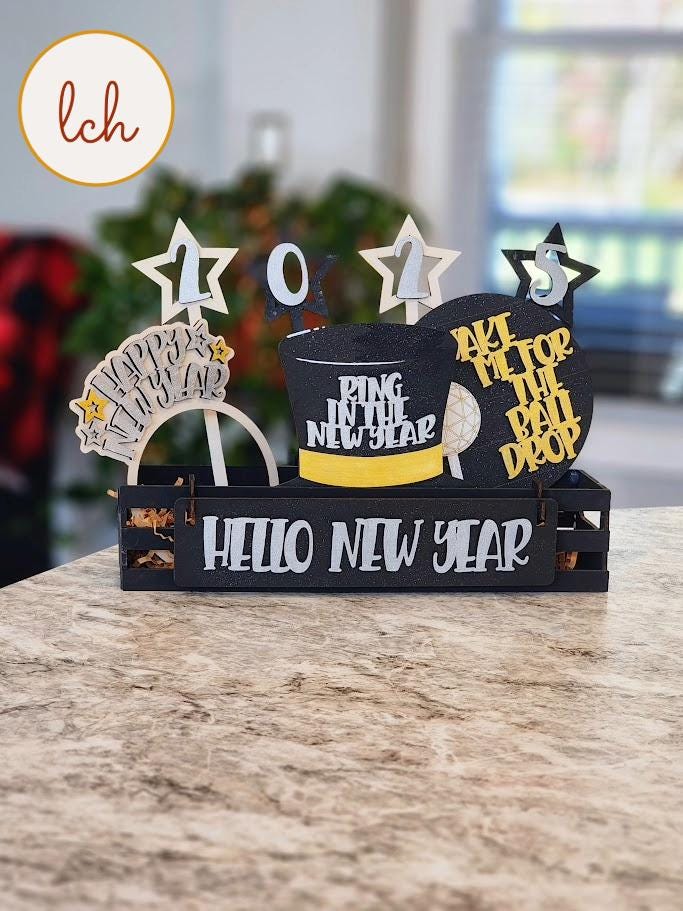 Hello New Year Wooden Laser Cut Hand Painted Interchangeable Shelf Sitter Insert - Festive Home Decor (Inserts Only)