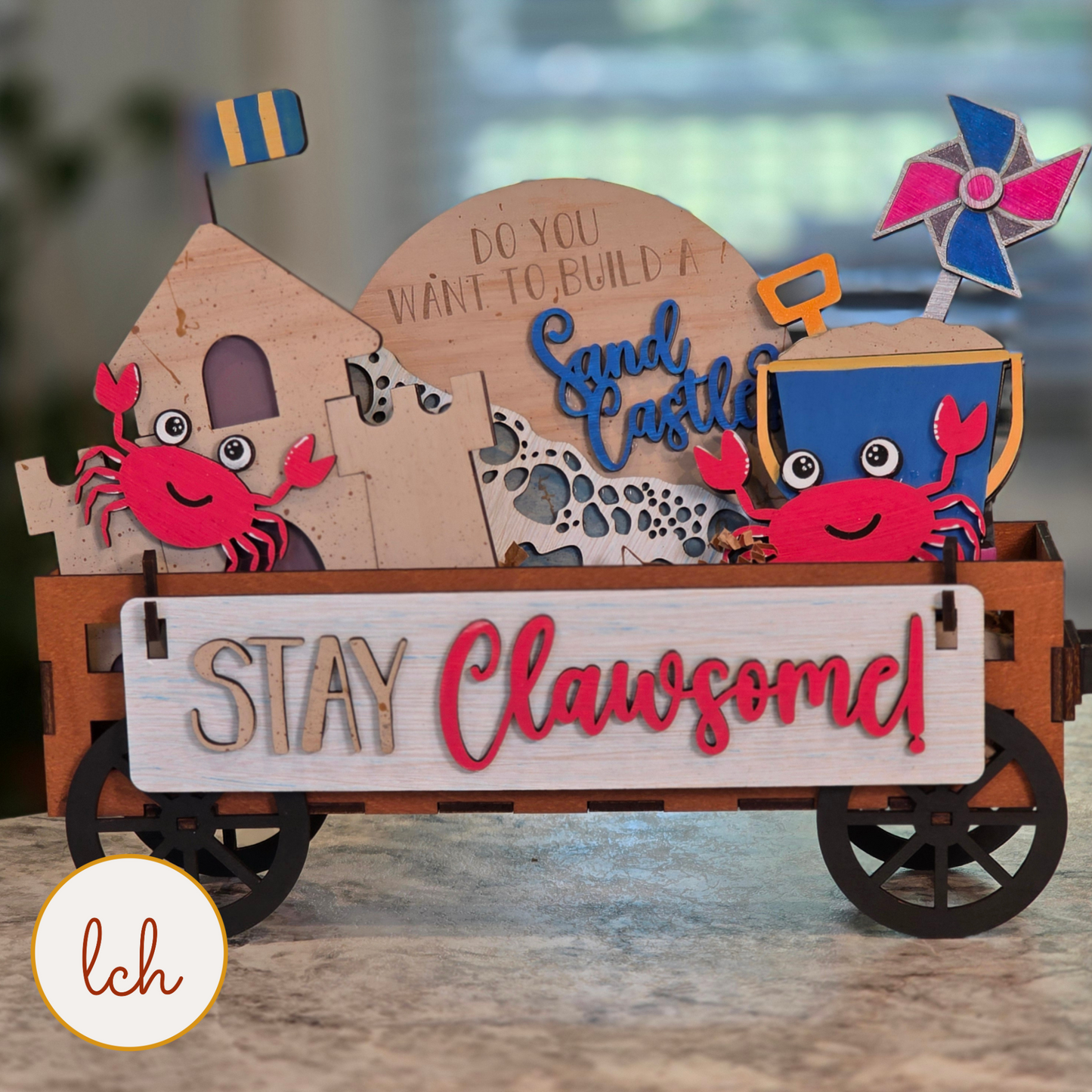 Crab Wagon Insert, "Stay Clawsome!" Hand Painted Sign, Beach Shelf Sitter Decor, Summer Tiered Tray (insert only)