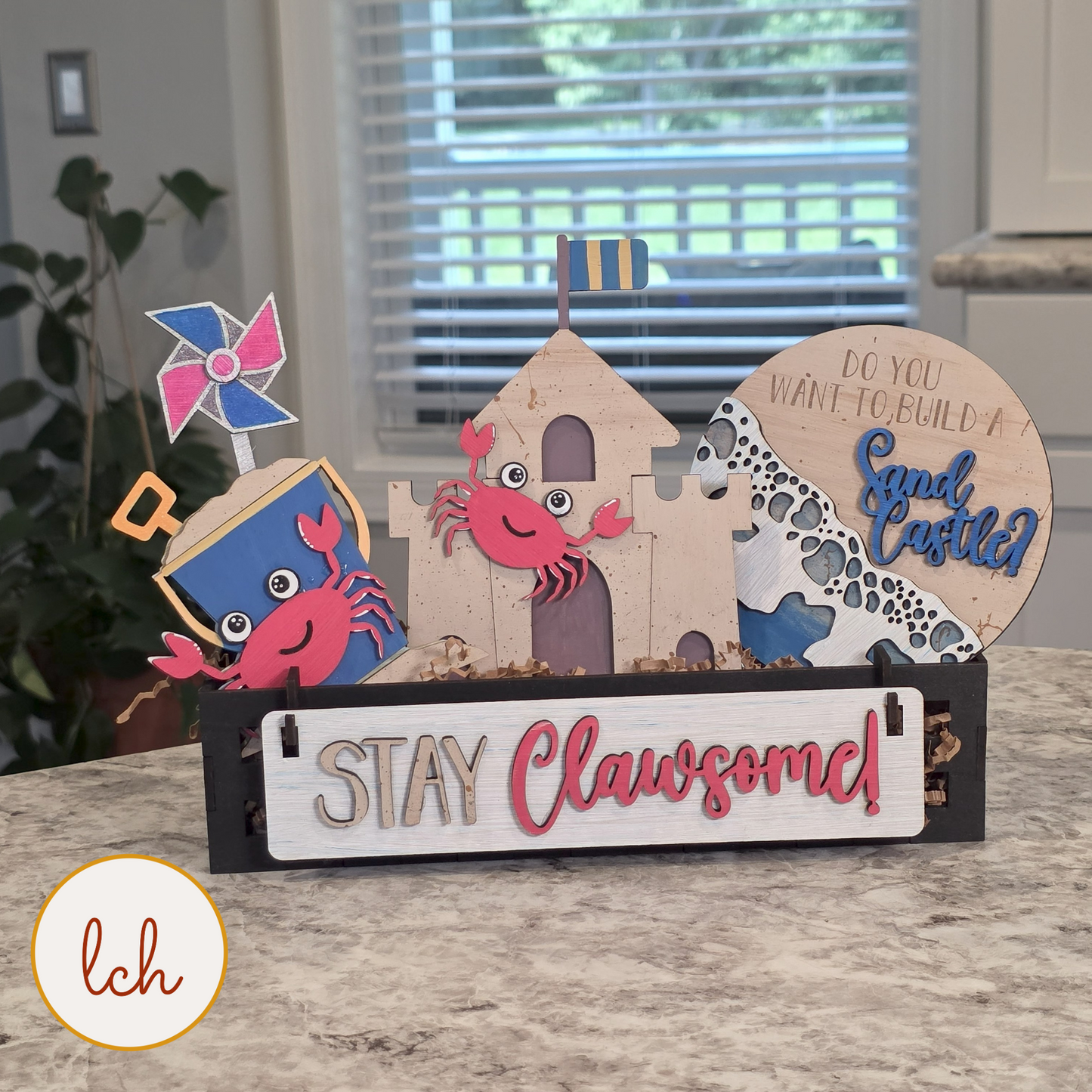 Crab Wagon Insert, "Stay Clawsome!" Hand Painted Sign, Beach Shelf Sitter Decor, Summer Tiered Tray (insert only)