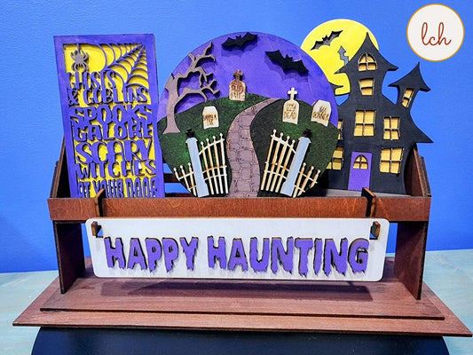 Happy Haunting Halloween Wooden Laser Cut Hand Painted Interchangeable Shelf Sitter Insert - Spooky Decor (Insert Only)