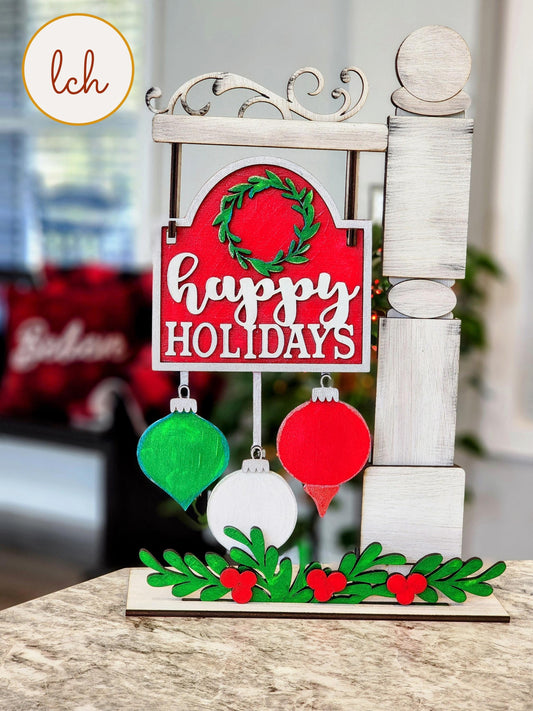 Happy Holidays Christmas Insert - Wooden Laser Cut, Hand Painted, Mini Interchangeable Signpost (Insert Only)