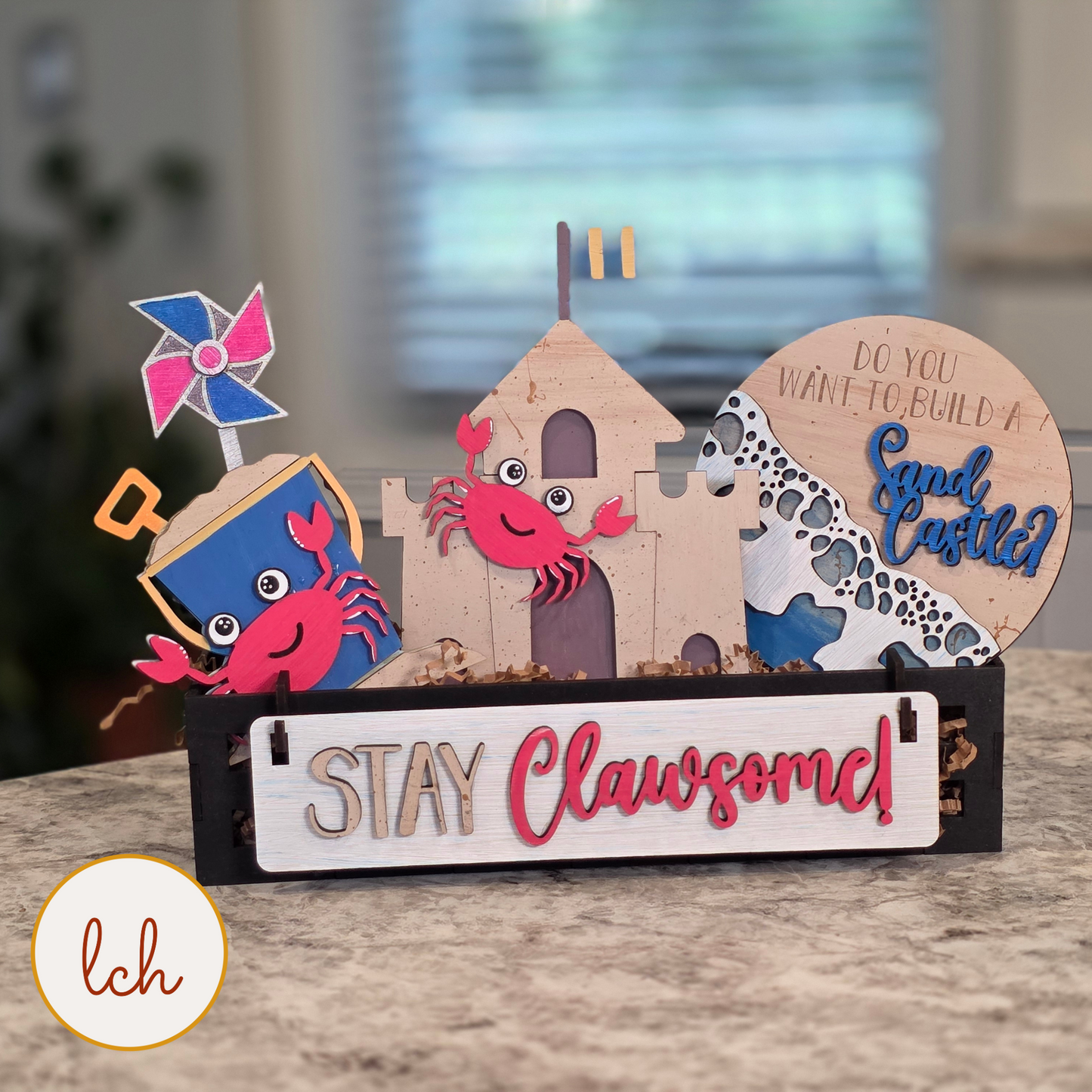 Crab Wagon Insert, "Stay Clawsome!" Hand Painted Sign, Beach Shelf Sitter Decor, Summer Tiered Tray (insert only)