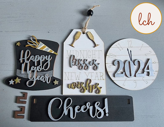 Wooden Laser Cut Hand-Painted New Year's Interchangeable Shelf Sitter Insert Set - Midnight Kisses, Cheers, and More! (Insert Only)