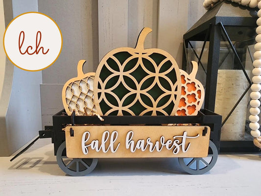 Fall Harvest Wooden Laser Cut & Hand Painted Wagon and Raised Shelf Sitter Seasonal Insert (insert only)