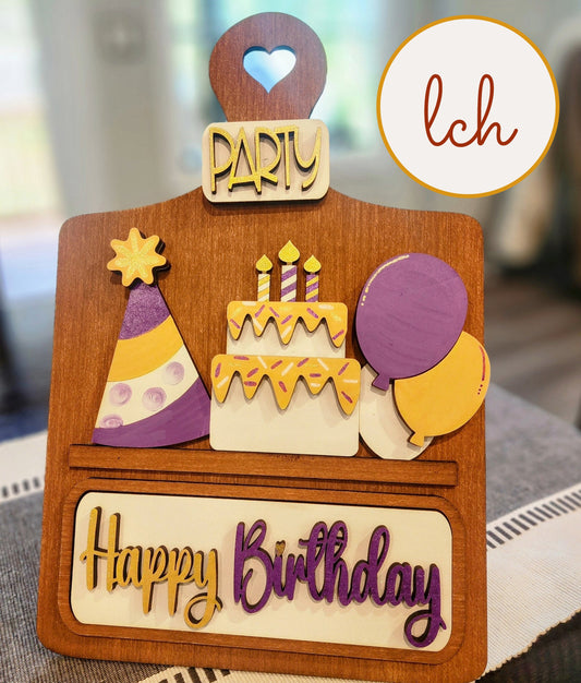 Hand-Painted Happy Birthday Theme, Wooden Laser-Cut Interchangeable Breadboard Insert - Insert Only