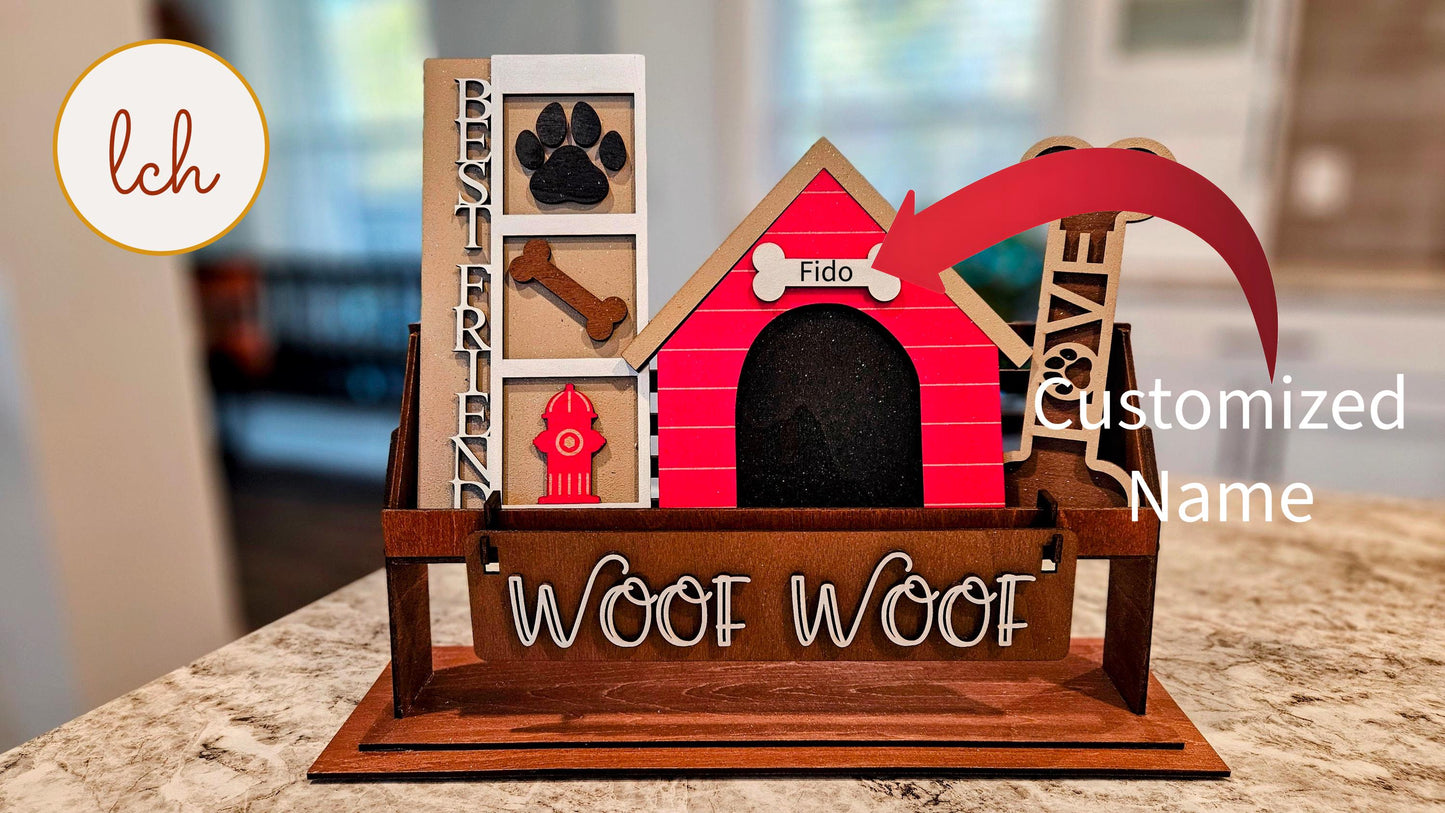 Customizable Woof Woof Dog Themed Wooden Laser Cut Hand Painted Interchangeable Shelf Sitter Insert - Inserts Only