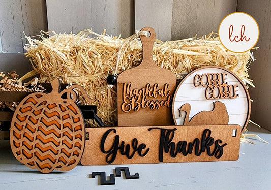 Hand painted Thanksgiving wooden decor set featuring pumpkin, thankful blessed cutting board, gobble gobble turkey, and give thanks sign