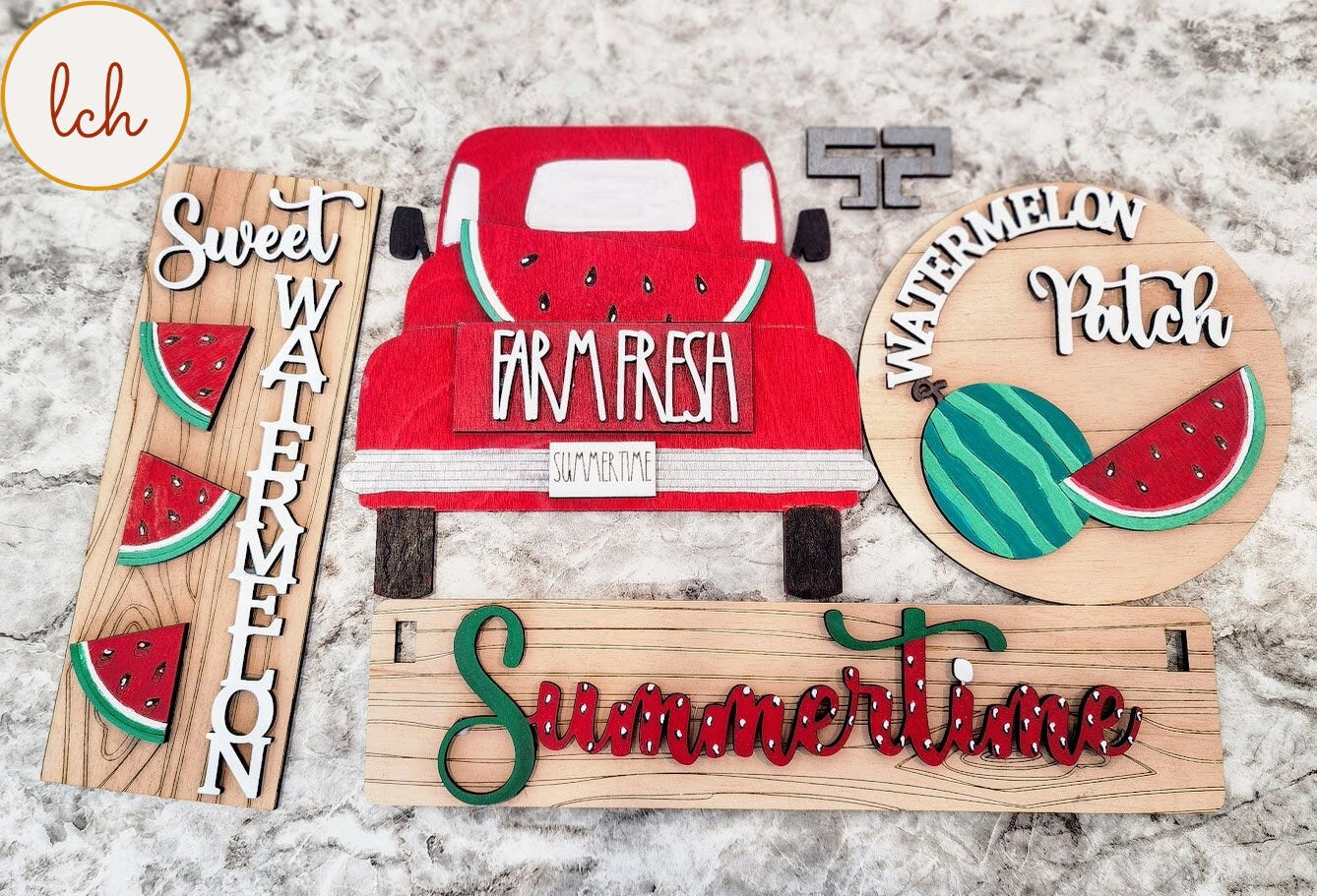 Handcrafted watermelon home accent wooden signs featuring farm fresh truck and summertime designs