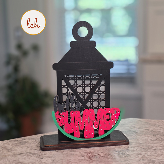 Hello Summer Watermelon Lantern Insert - Laser Cut, Hand Painted Wood - Shelf Sitter Decor (insert only)