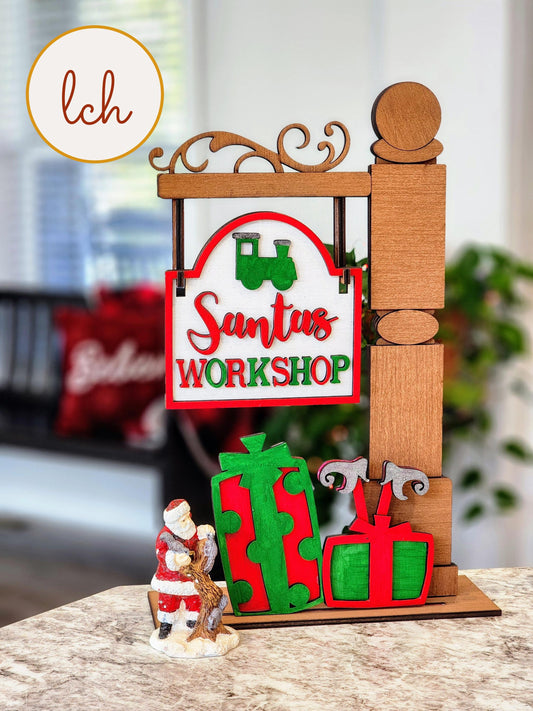 Santa's Workshop Christmas Mini Signpost & Door Insert - Hand Painted, Laser Cut Wood (Insert Only)