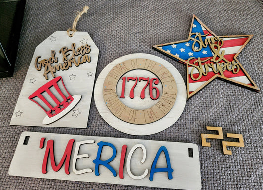 USA themed handmade wood insert patriotic decoration set with stars stripes and 1776 design