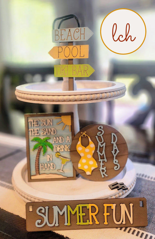 Summer Fun Beach-Themed Hand-Painted Wooden Laser-Cut Interchangeable Shelf Sitter Insert