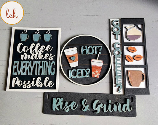 Hand-Painted Wooden Laser-Cut 'Rise & Grind' Coffee Themed Interchangeable Shelf Sitter Insert - Rustic Home Decor Accent (Insert Only)