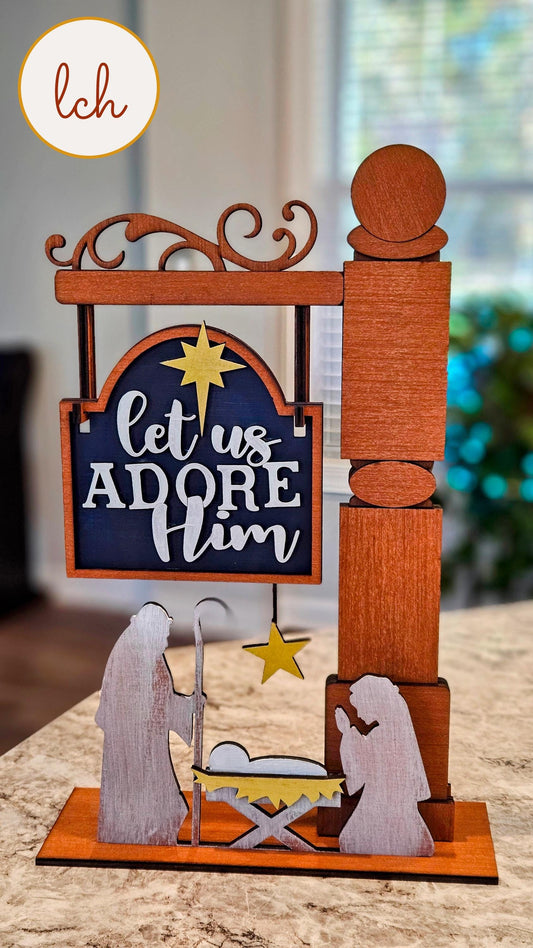 Let Us Adore Him Christmas Manger Wooden Laser Cut Hand Painted Mini Signpost Door Insert (Insert Only)