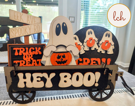 Wooden wagon insert with hand painted Halloween ghost decor and spooky seasonal signs