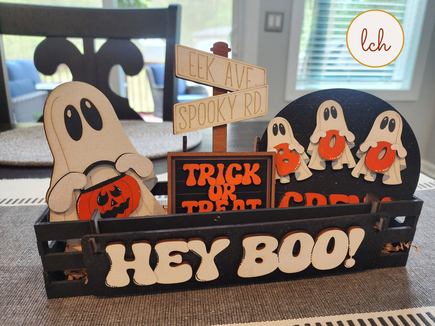 Hand painted Halloween ghost decor wooden wagon insert with Hey Boo sign and spooky road street signs