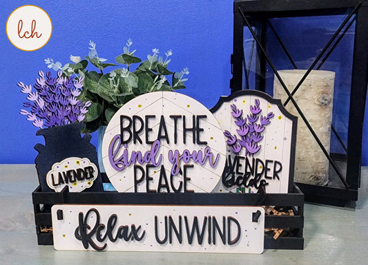 Wooden wagon insert with lavender decor and motivational signs saying breathe peace and relax unwind