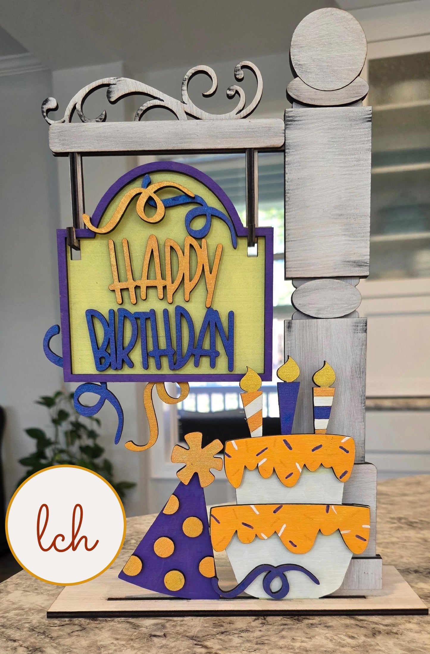 Wooden sign post insert with Happy Birthday message, birthday cake, and party hat decorations