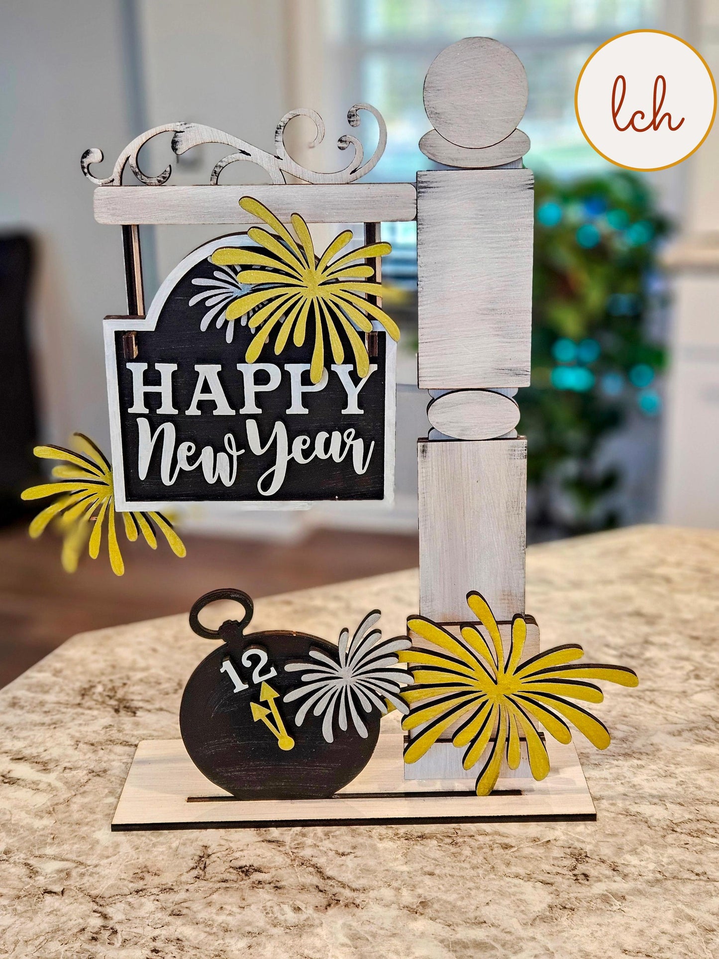 Wooden sign post insert with Happy New Year message and decorative fireworks design