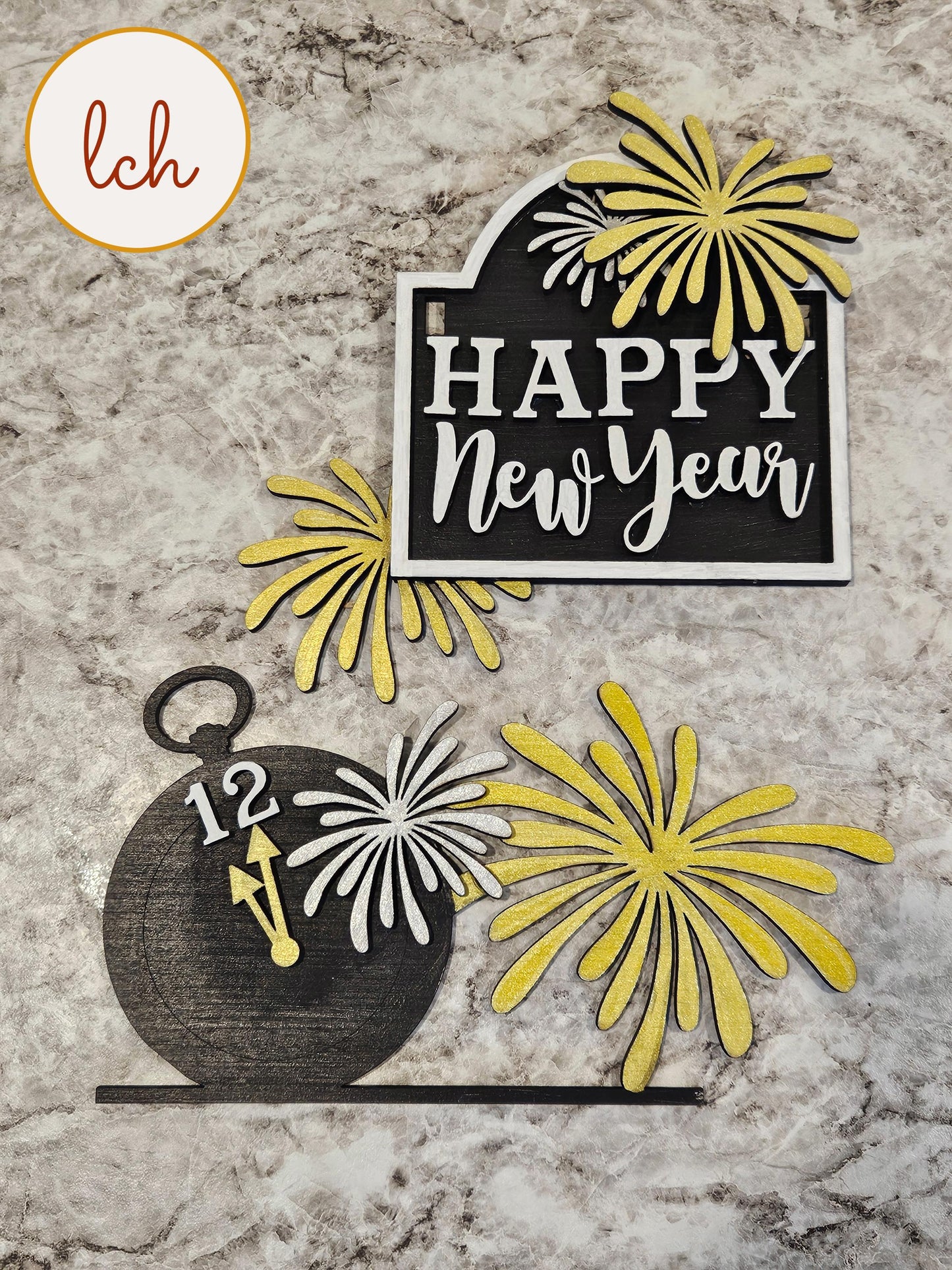 Wooden sign post insert with Happy New Year text and fireworks design for festive decoration