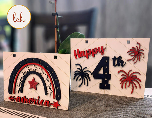 Wooden ladder frame hangers with patriotic 4th of July and America designs in red and black