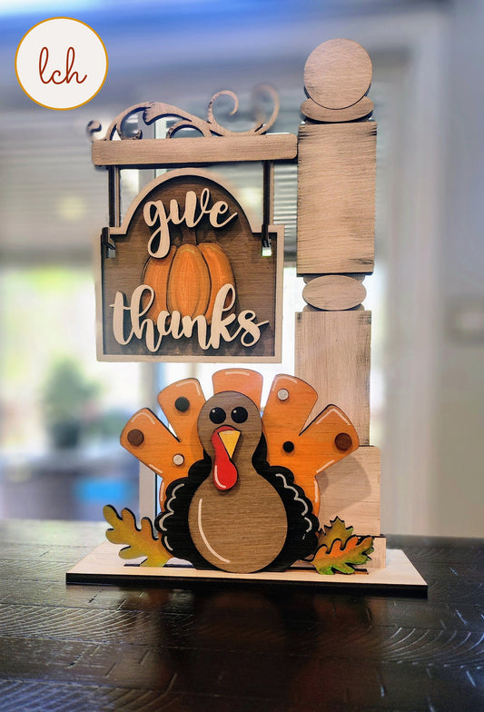 Wooden sign post insert with a turkey and a give thanks sign for fall and Thanksgiving decor