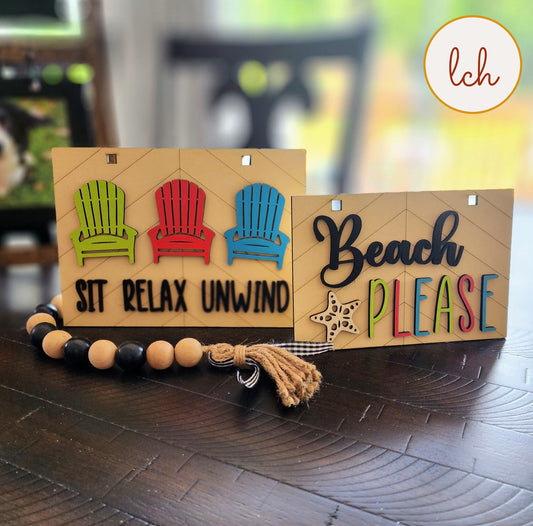 Wooden beach themed picture frame with colorful chairs and relaxing phrases from My Store