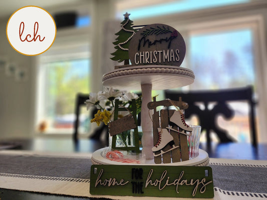 Wooden Christmas shelf sitter insert for farmhouse decor with tree, ice skates, and holiday sign