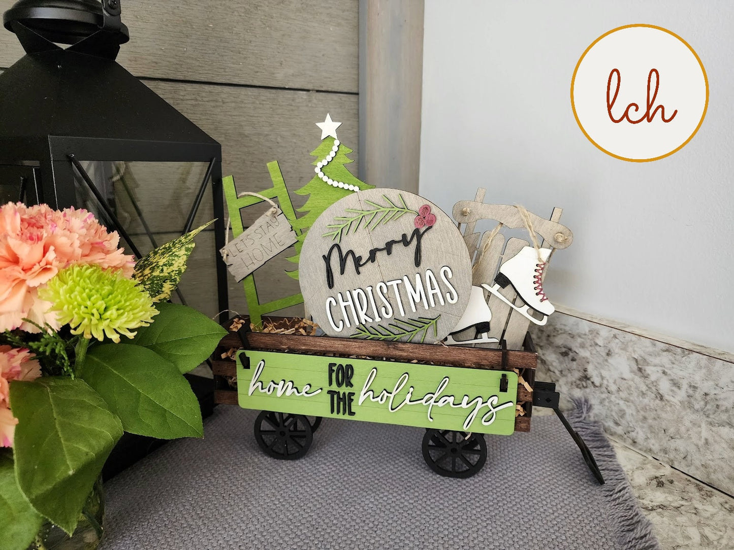Wooden Christmas shelf sitter insert for farmhouse decor with holiday sign and ice skate in wagon