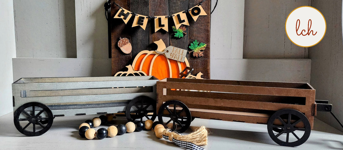 Wooden wagon inserts with black wheels in natural and dark brown finishes for My Store