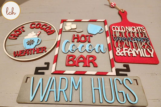 Wooden wagon insert pieces with hot cocoa bar and warm hugs designs for cozy winter decor