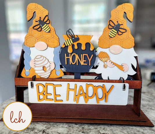Wooden Wagon Insert with interchangeable gnome décor featuring bees, honey pot, and Bee Happy sign
