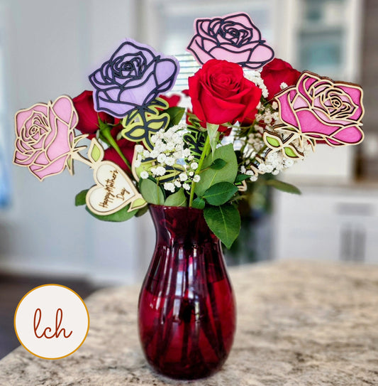 Mother's Day wooden gifts featuring a bouquet of colorful wooden roses with real red roses in a red vase