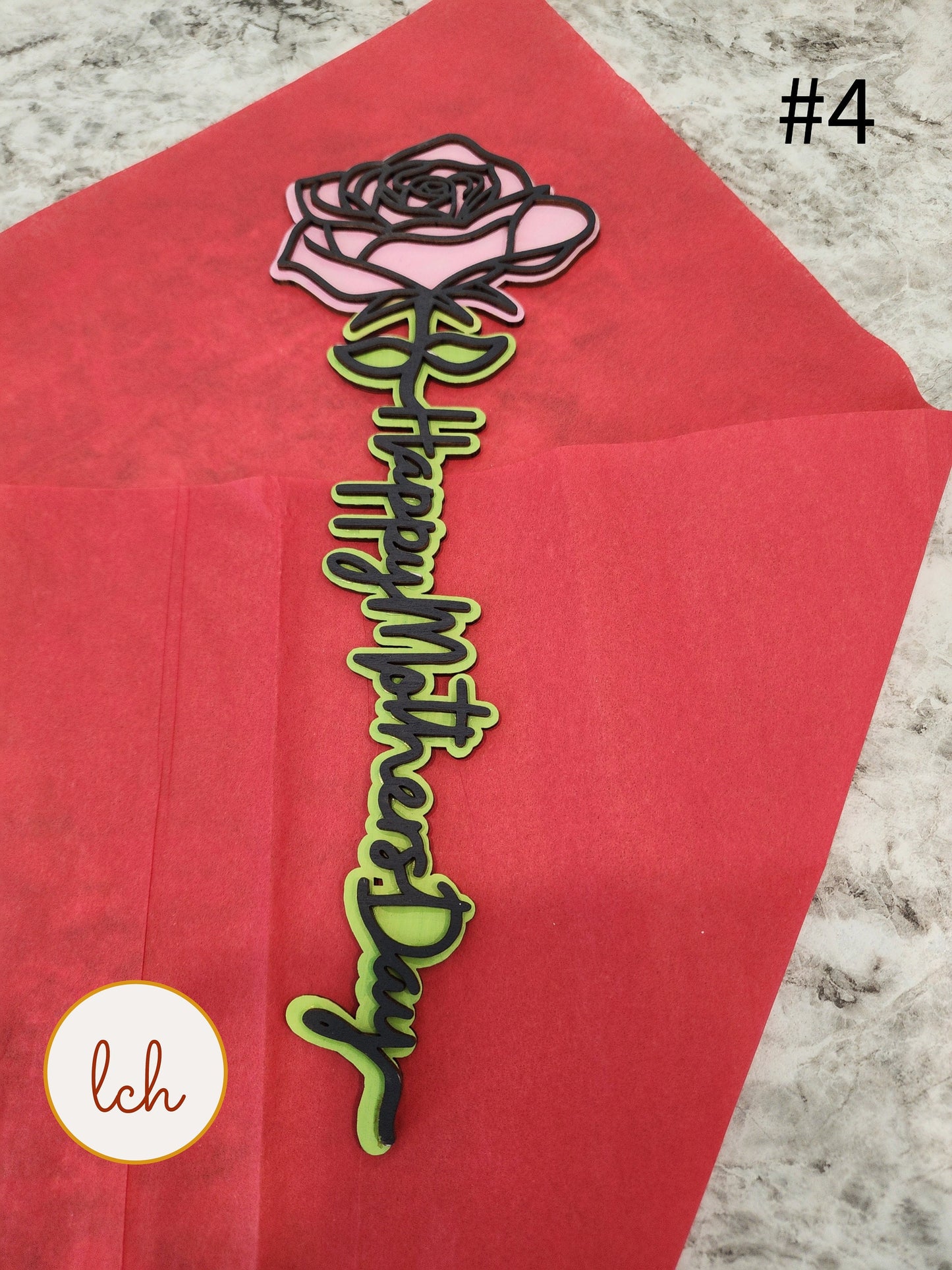 Mother's Day wooden gifts with pink rose and Happy Mother's Day text in green from My Store