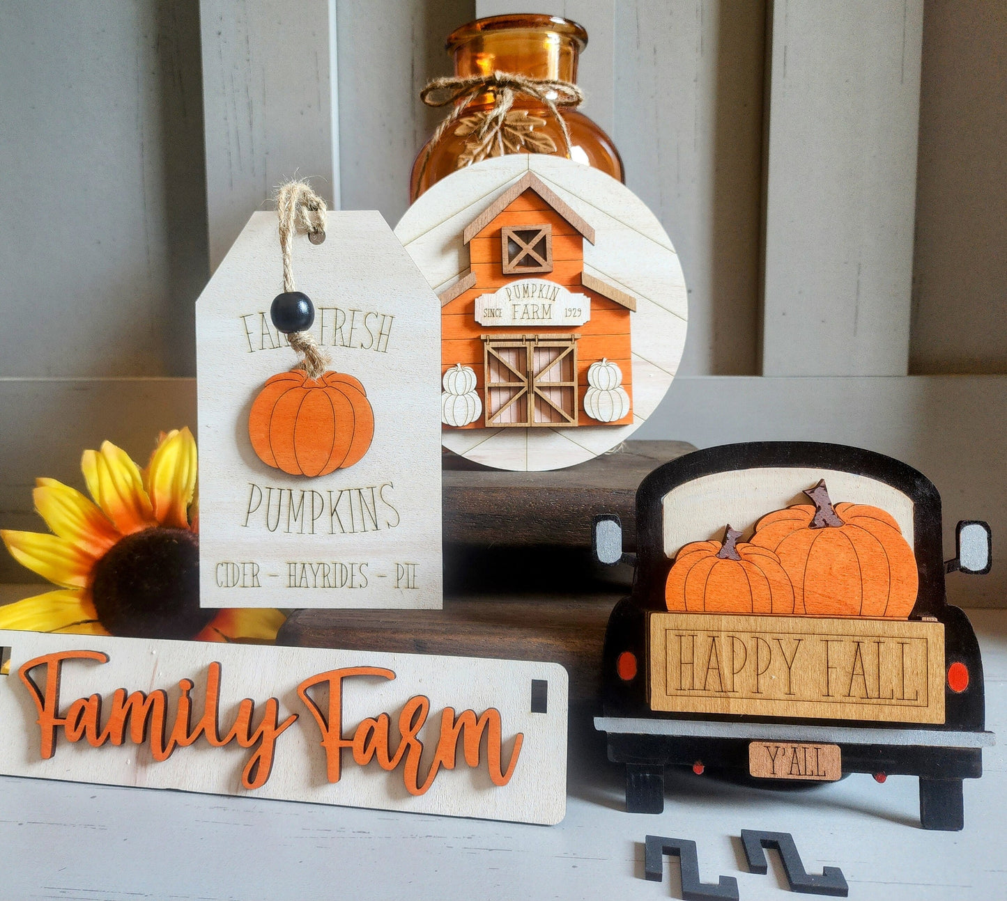 Wooden personalized fall decorations for shelves featuring pumpkins family farm and happy fall designs