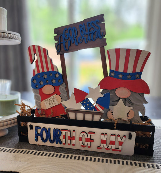 Wooden Wagon Insert with Fourth of July gnomes and God Bless America sign USA holiday mantel decoration